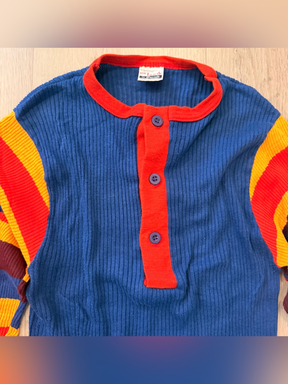 True Vintage 1970s NOW Look by Grants Striped Sleeve Ribbed Henley - Picture 2 of 5